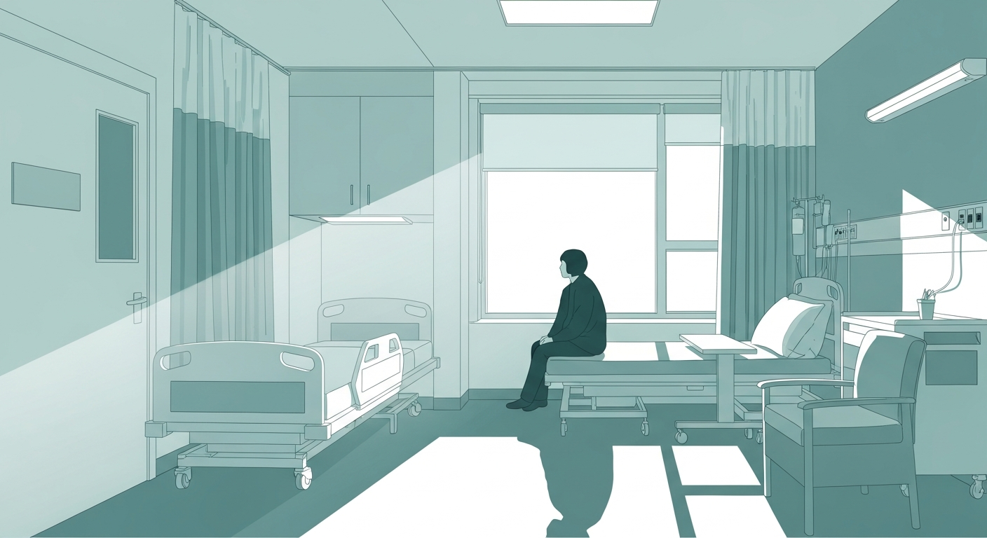 Abstract illustration of a person in a hospital room